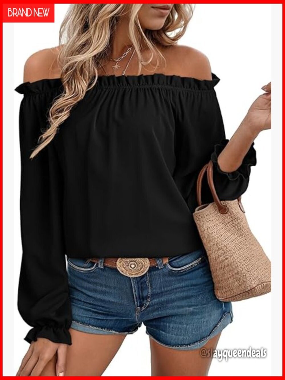 Off Shoulder Blouse Puff Sleeve Boat Neck Lightweight Polyester Top